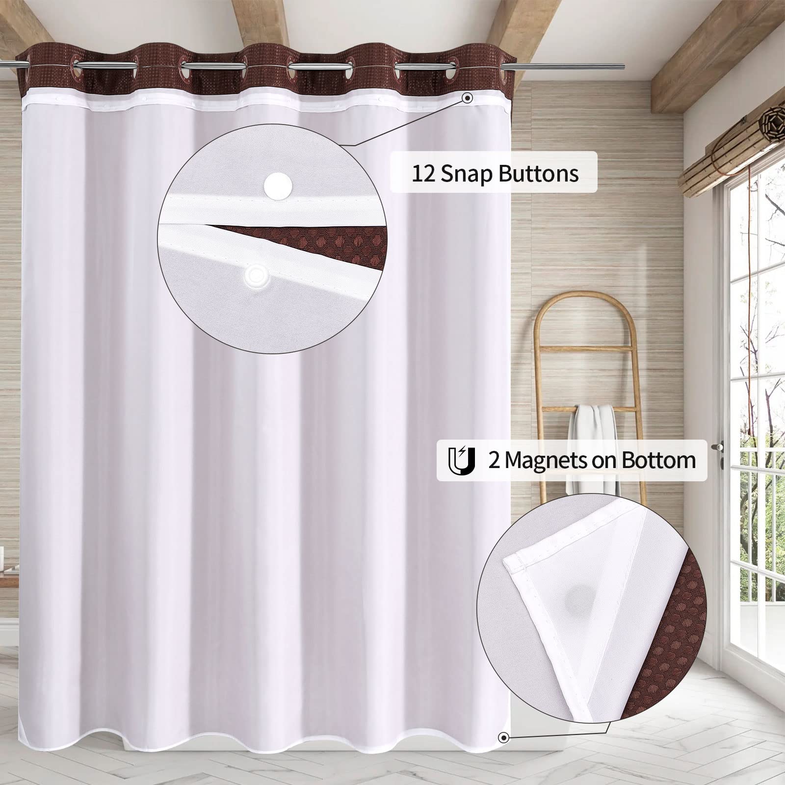 Mitovilla No Hooks Need Brown Waffle Shower Curtain With Snap-In Liner, Modern Waffle Weave Fabric Shower Curtains For Luxury Ho