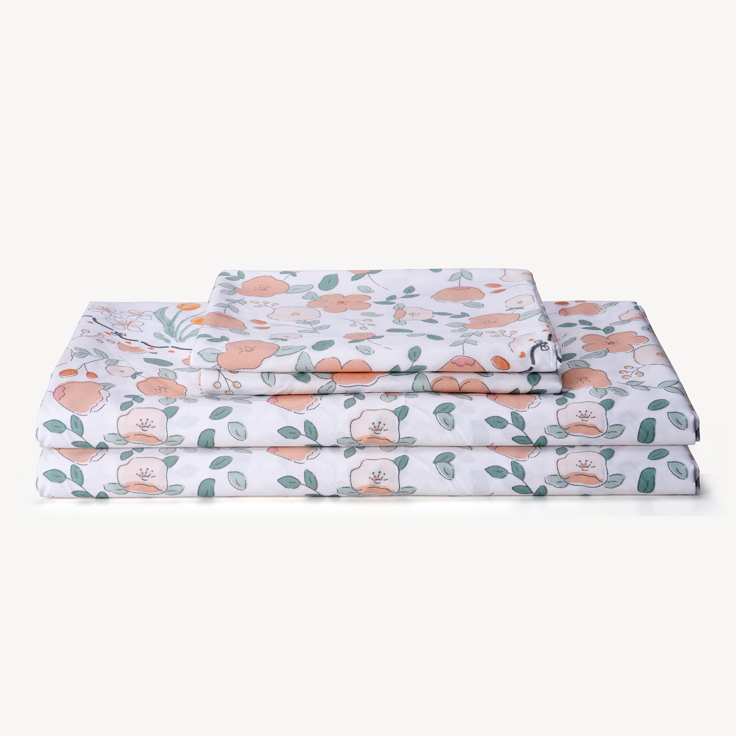 Orange Floral Printed Sheet Set Twin Size Super Soft Cute Sheets For Kids - Deep Pocket, Wrinkle Free Botanical Bed Sheets Set