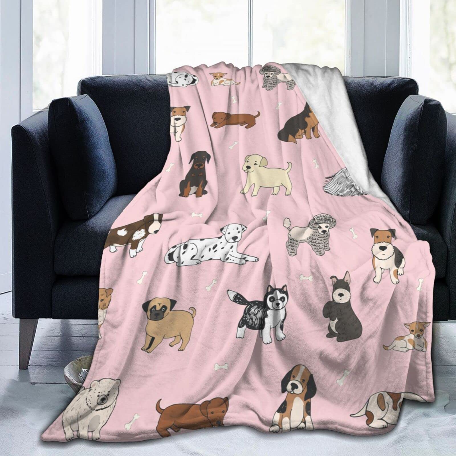 Perinsto Cute Dogs Pink Throw Blanket Ultra Soft Warm All Season Puppy Animals Decorative Fleece Blankets For Bed Chair Car Sofa