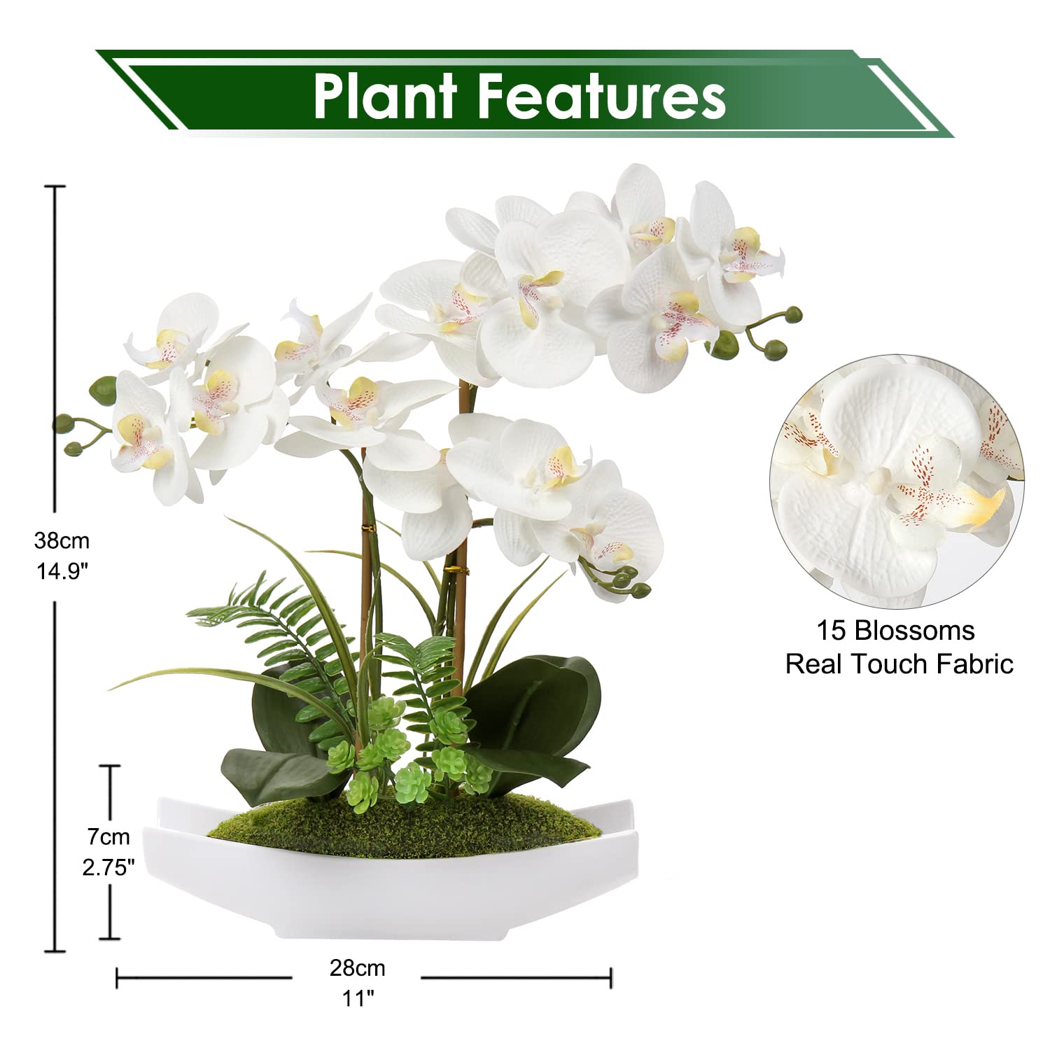 Briful Orchids Artificial Flowers 15'' Large Fake Orchid White Phalaenopsis Orchid Flower Arrangements With Vase Faux Orchid For