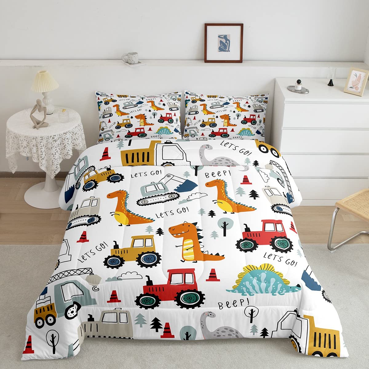 Feelyou Construction Comforter Set Kids Cartoon Dinosaur Comforter Cover Set for Boys Equipment Trucks Bedding Set Construction 