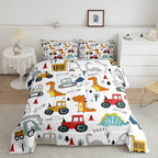 Feelyou Construction Comforter Set Kids Cartoon Dinosaur Comforter Cover Set for Boys Equipment Trucks Bedding Set Construction 