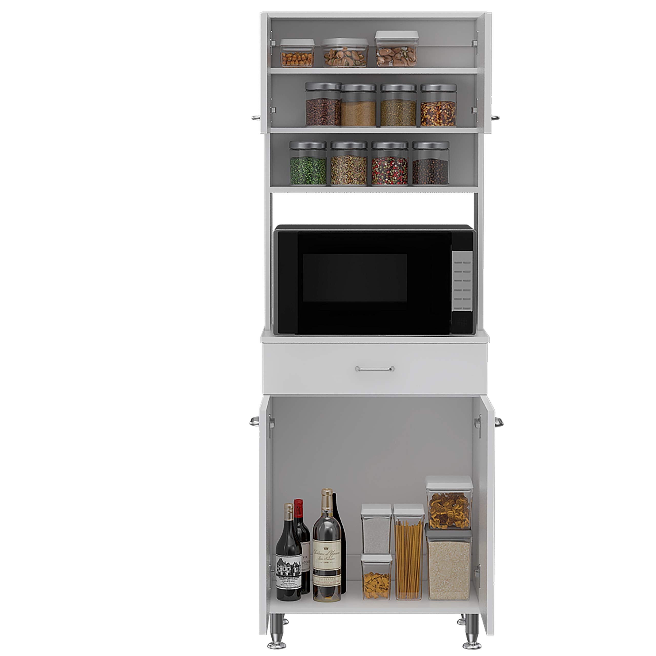 Pantry Cabinet 67&quot; H, 4 Doors, 1 Drawer, 3 Internal Shelves, 2 External Storage Shelves, Microwave Storage Option, 4 Legs, White