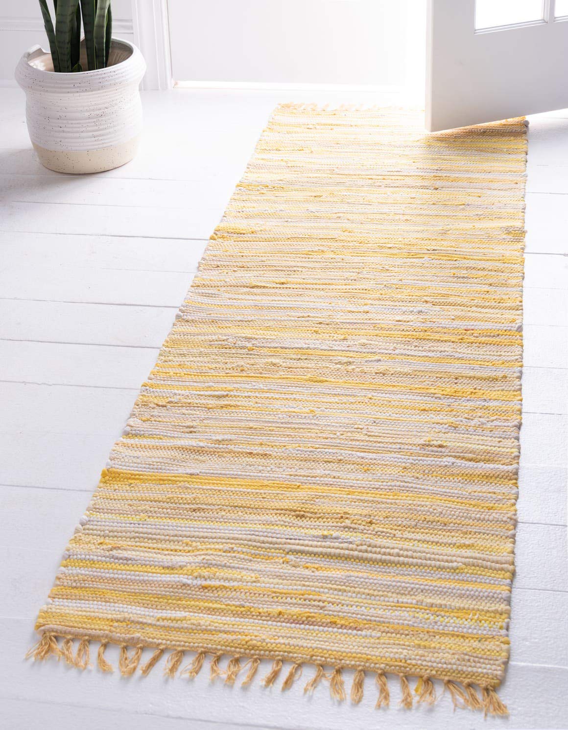 Unique Loom Chindi Cotton Collection Soft Hand Woven Natural Fiber Striped Area Rug, 2 ft 7 in x 9 ft 10 in, Yellow/Ivory
