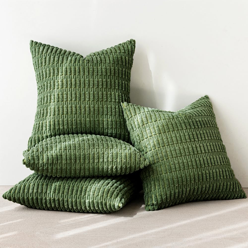 Miulee Christmas Pack Of 4 Moss Green Corduroy Decorative Throw Pillow Covers 18X18 Inch Soft Boho Striped Pillow Covers Modern
