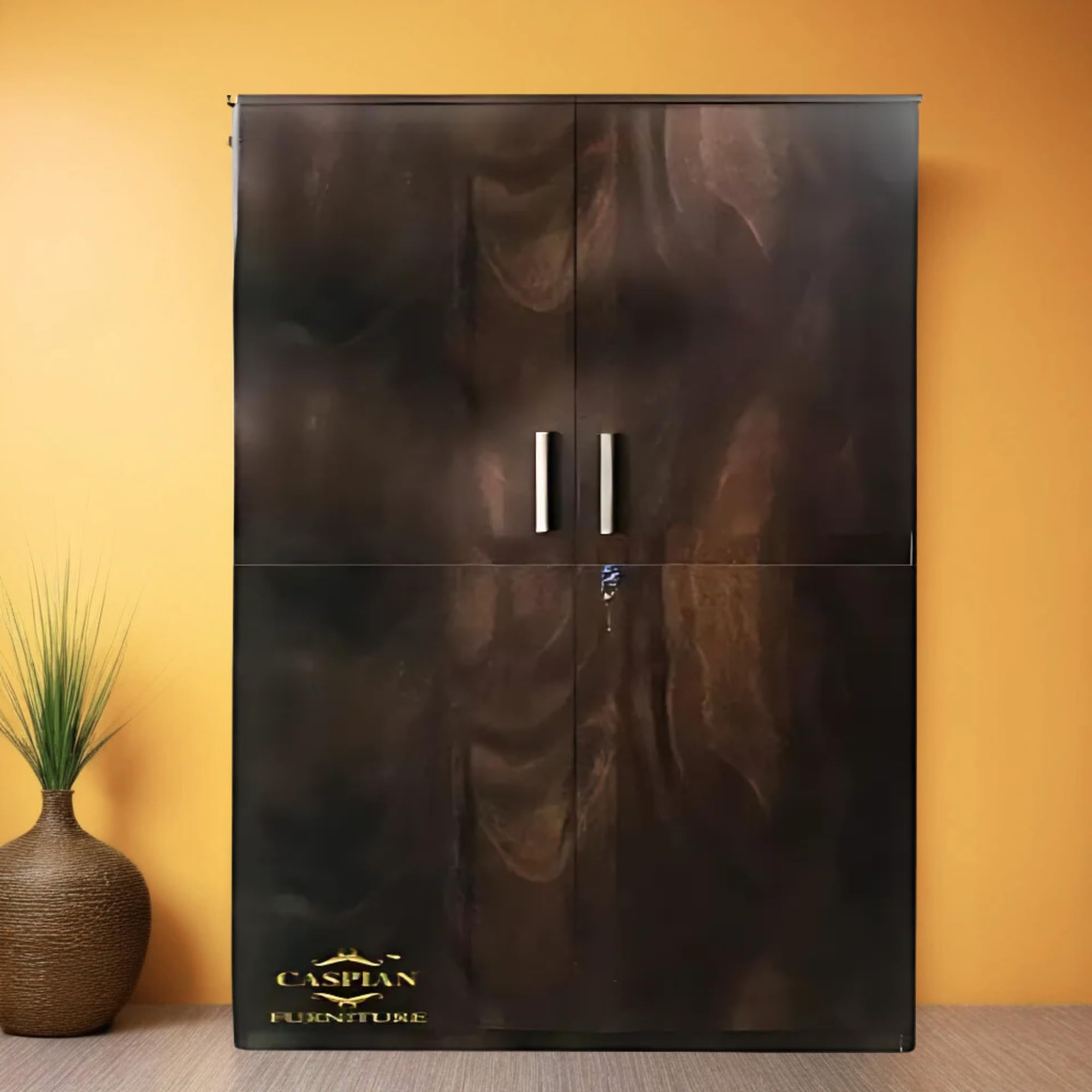 Caspian Engineered Wood Double Door Wardrobe (Brown) | PreAssembled Furniture With Hanging Space | Cupboard/Almirah For Bedroom