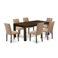 East West Furniture Lmab7-77-47 7 Piece Modern Dining Table Set Consist Of A Rectangle Rustic Wood Wooden Table And 6 Light Sable Linen Fabric Upholstered Chairs, 40X72 Inch, Jacobean