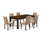 East West Furniture Lmab7-77-47 7 Piece Modern Dining Table Set Consist Of A Rectangle Rustic Wood Wooden Table And 6 Light Sable Linen Fabric Upholstered Chairs, 40X72 Inch, Jacobean