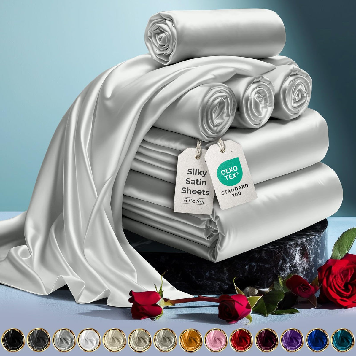 Decolure Satin Sheets Full Set 6Pcs - Genuine And Luxurious Silk Touch Satin Sheets Twin W/Deep Pocket - Elegant All-Season Silk