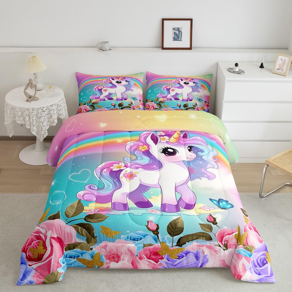 Cartoon Unicorn Kids Comforter Set Twin Size,Roses Flowers Butterfly Princess Bedding Set,Girls Women Room Decor,Rainbow Unicorn