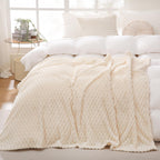 Puncuntex Cream White Throw Blanket 90''  90'' Inches Fuzzy 3D Jacquard Decorative Flannel Fleece Super Soft Plush Cozy Blanket
