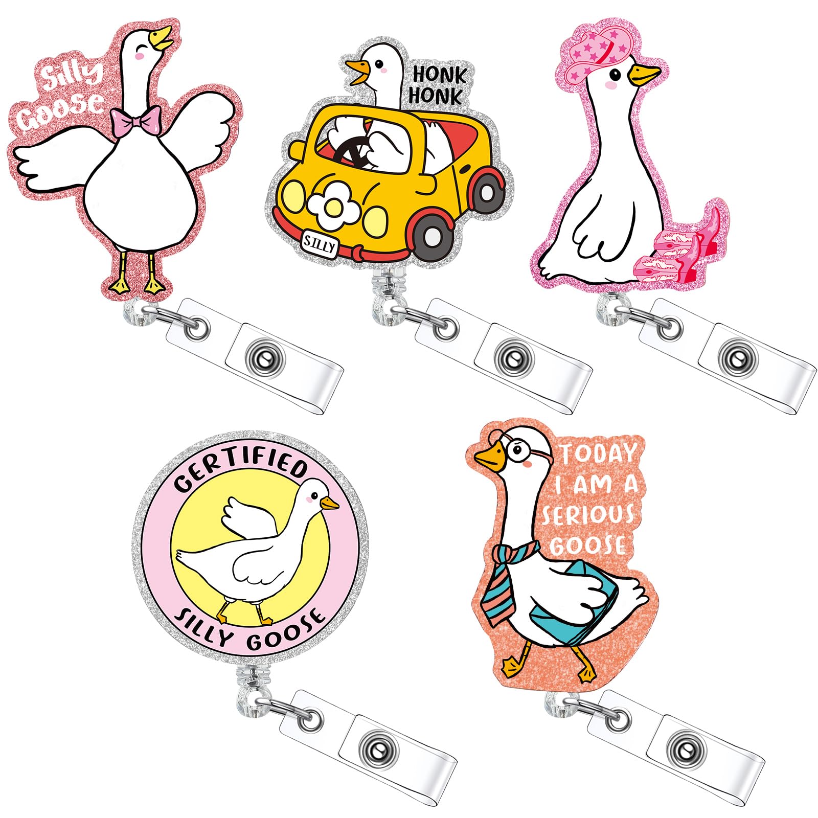 Suncalla 5 Pcs Funny Silly Goose Badge Reel Retractable ID Holder with Alligator Clip Funny Silly Goose Badge Reel Nursing Acces