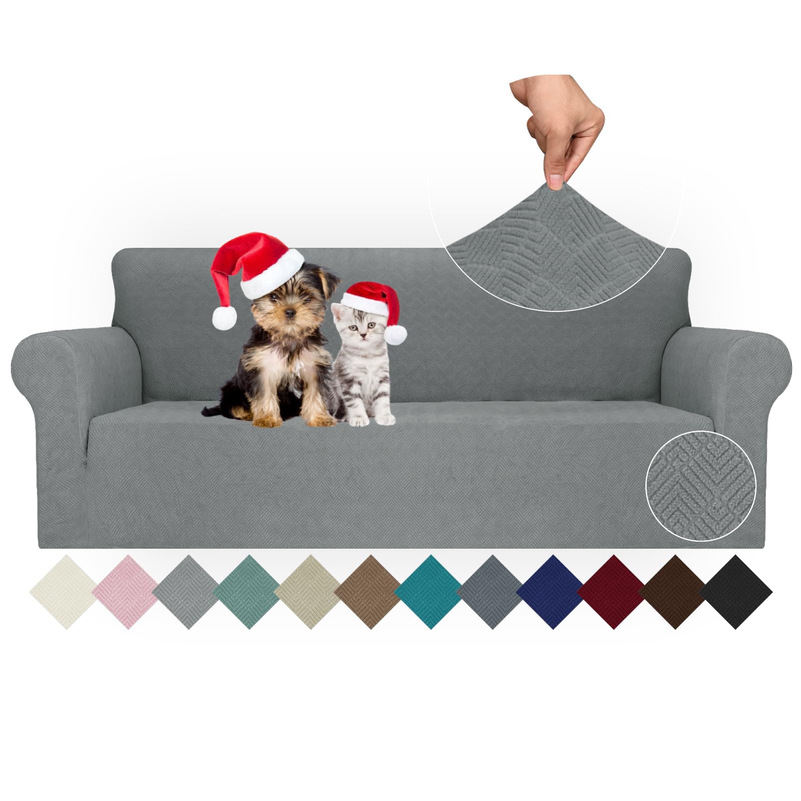 Jiviner Stretch Sofa Covers 1 Piece Couch Covers For 3 Cushion Couch Sofa Cover, Universal Living Room Slipcovers Furniture Protector With Elastic Bottom For Kids, Pets (Large, Light Gray Rhomb)