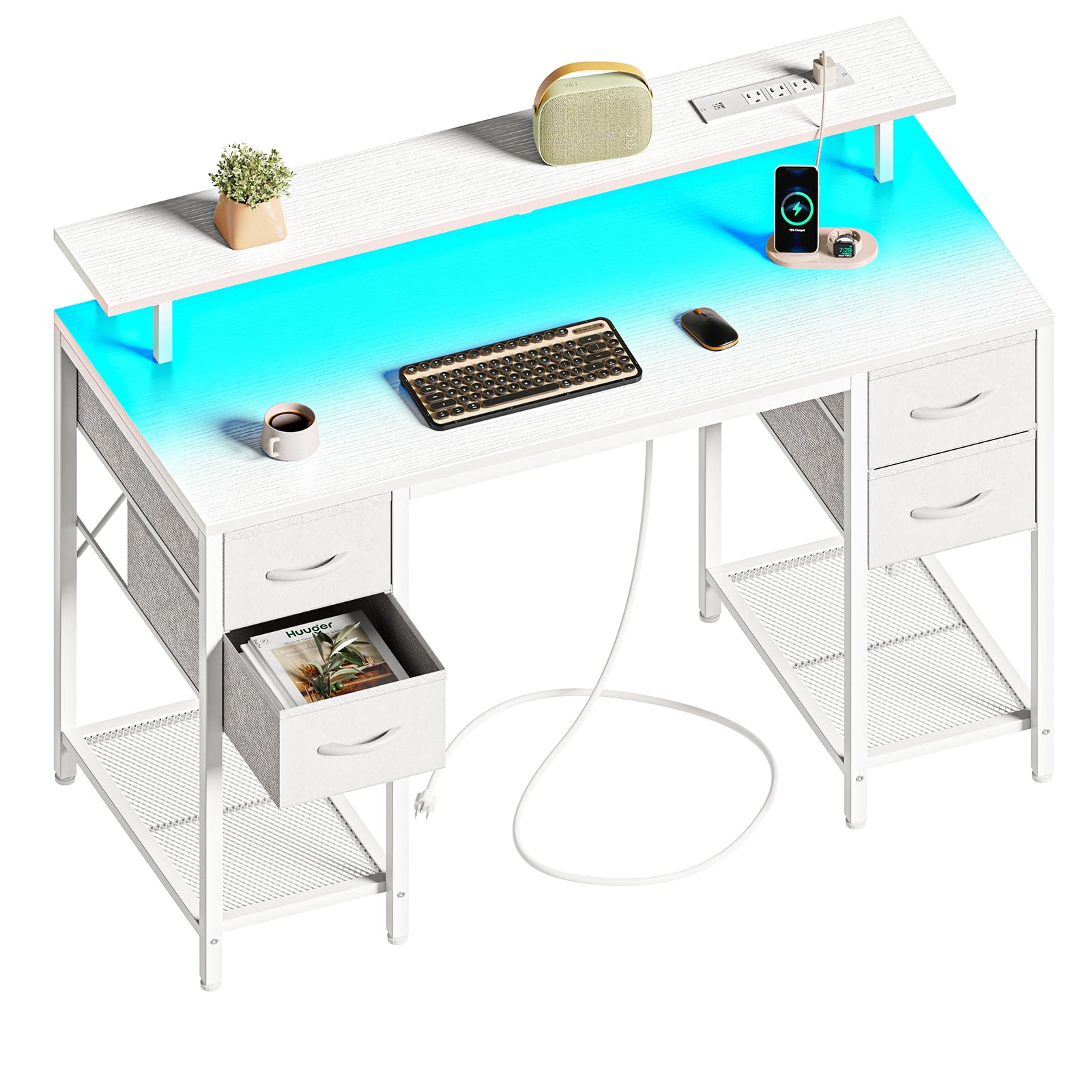Huuger 47 inch Computer Desk with 4 Drawers, Gaming Desk with LED Lights & Power Outlets, Home Office Desk with Large Storage Sp