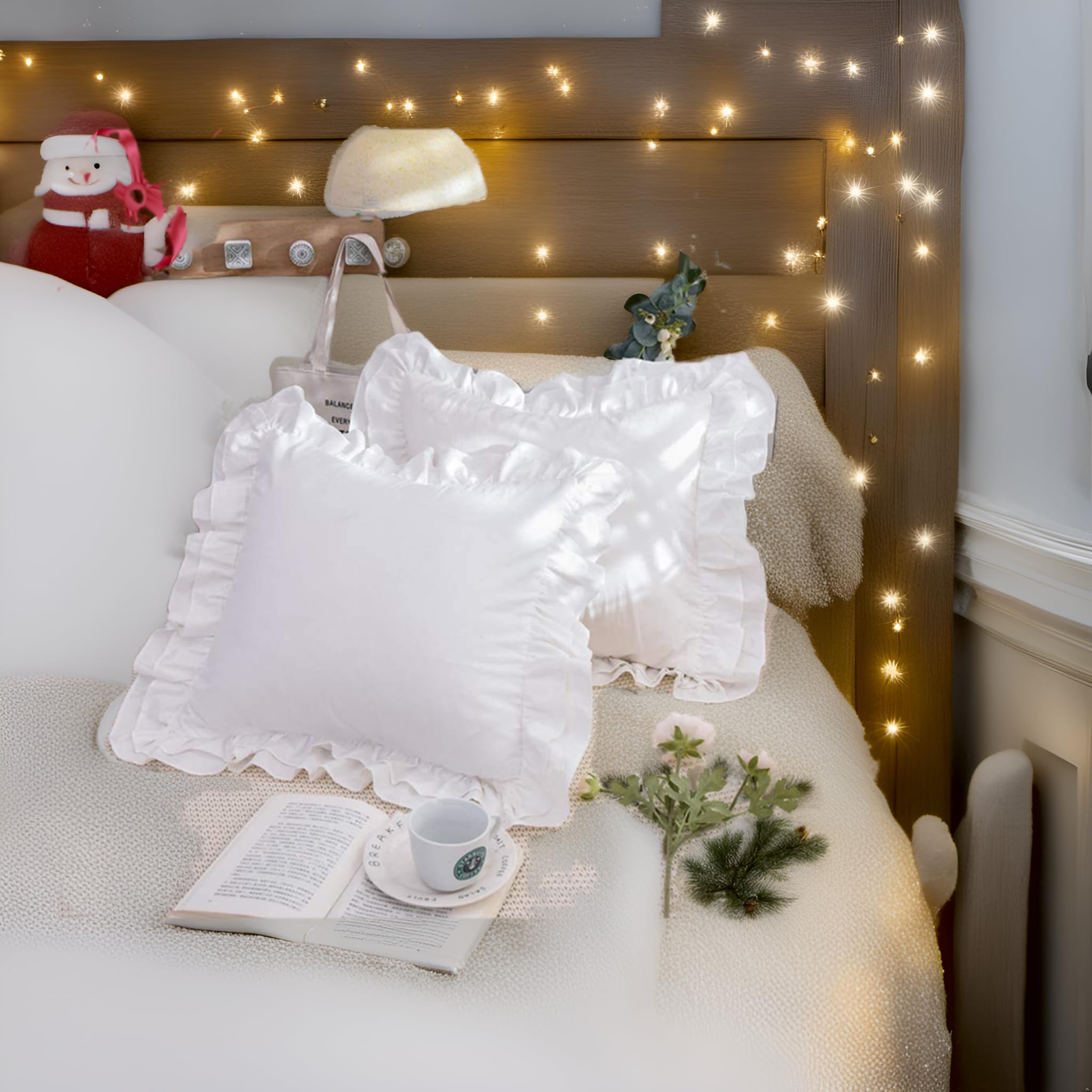 Lemfux White Cotton Ruffle Euro Pillow Shams 24 * 24Inch Shabby Chic Decorative Pillow Covers Feminine Ruffled Christmas Pillow