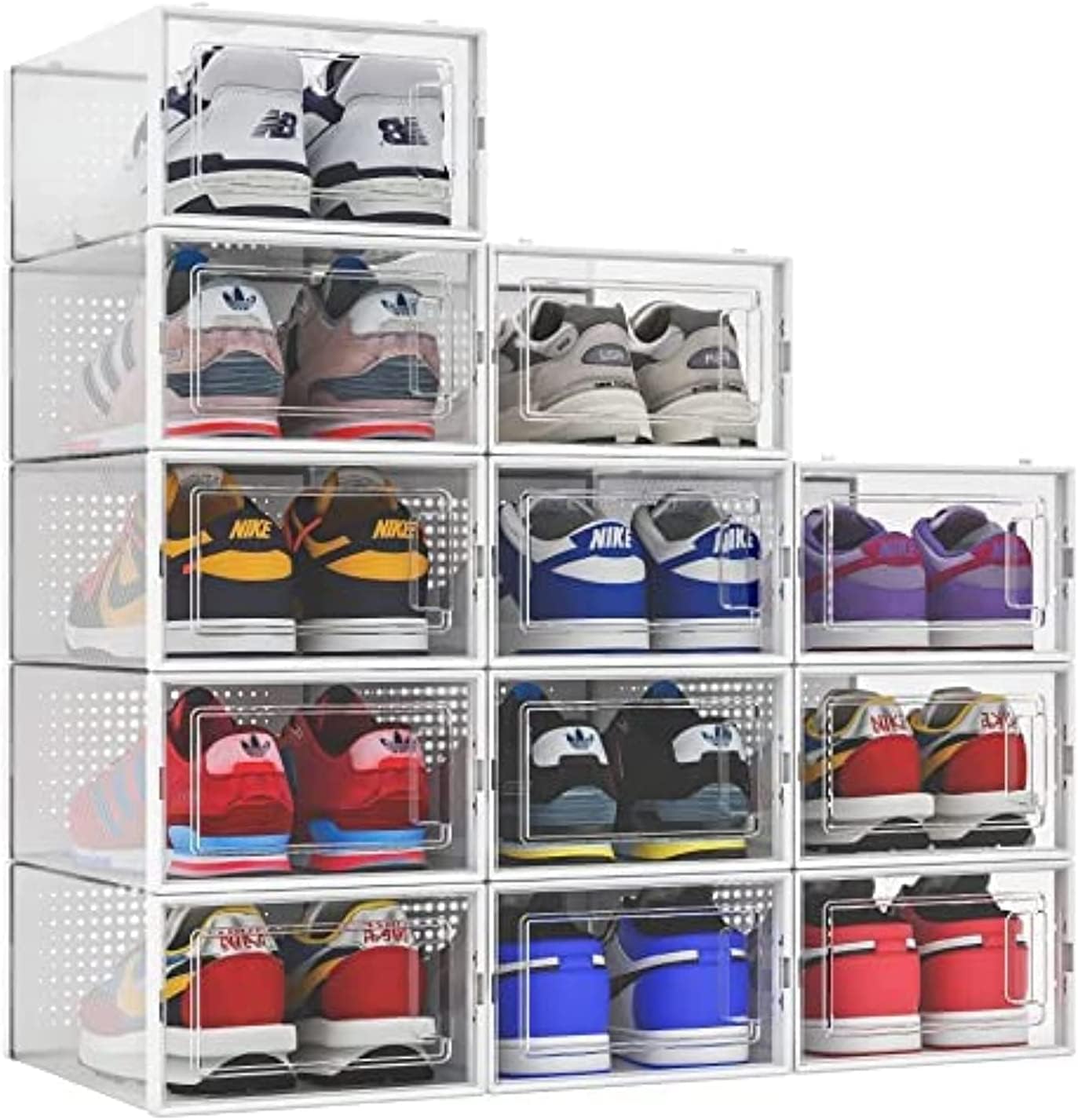 Seseno 12 Pack Shoe Storage Boxes, Clear Plastic Stackable Shoe Organizer Bins, Drawer Type Front Opening Shoe Holder Containers