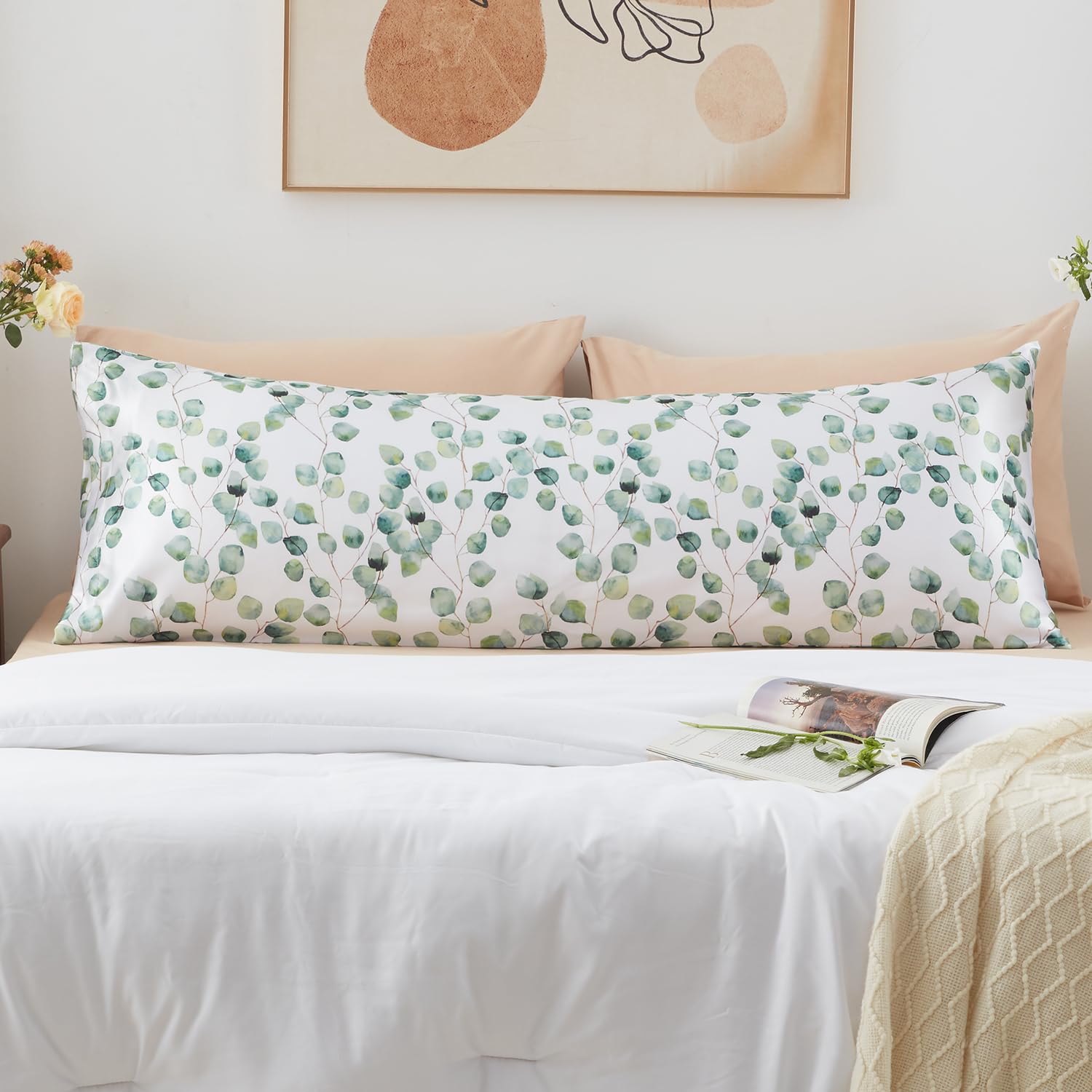 Exq Home Satin Body Pillow Pillowcase Super Soft Silk Pillowcase, Body Pillow Cover With Envelope Closure Ink Leaf (20''X54'')