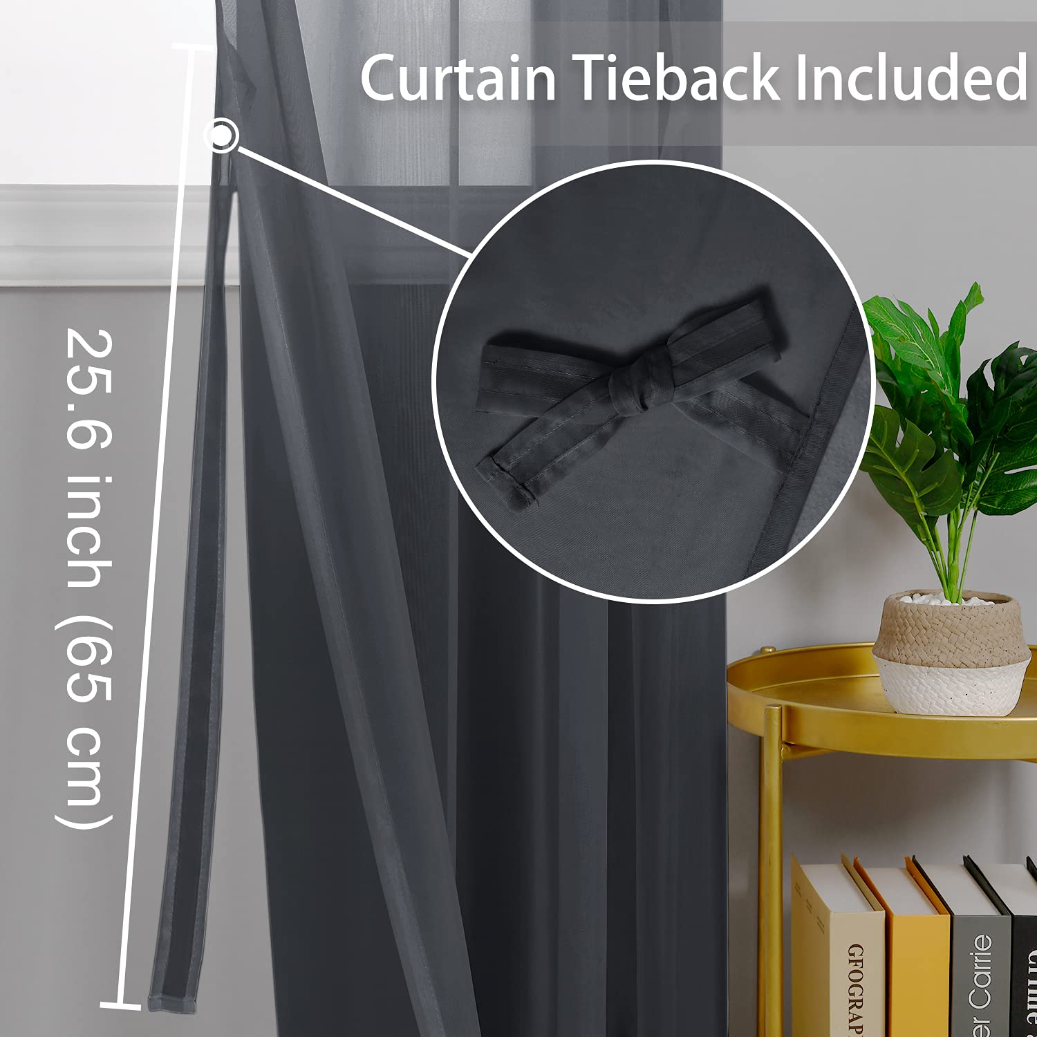 Hiasan Dark Grey Sheer Curtains With Tiebacks, Light Filtering Voile Textured Drape Lightweight Grommet Window Curtains For Bedroom, Living Room And Office, W52 X L72, Set Of 2 Soft Panels