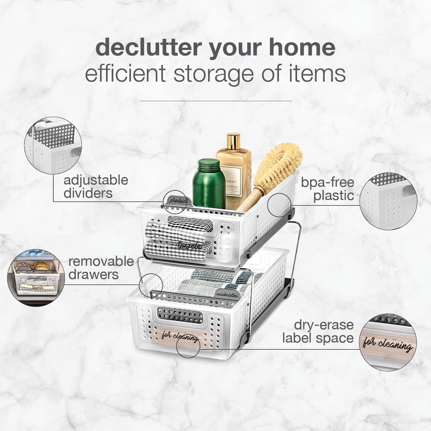 Madesmart 2-Tier Organizer, Multi-Purpose Slide-Out Storage Baskets With Handles And Dividers, Frost