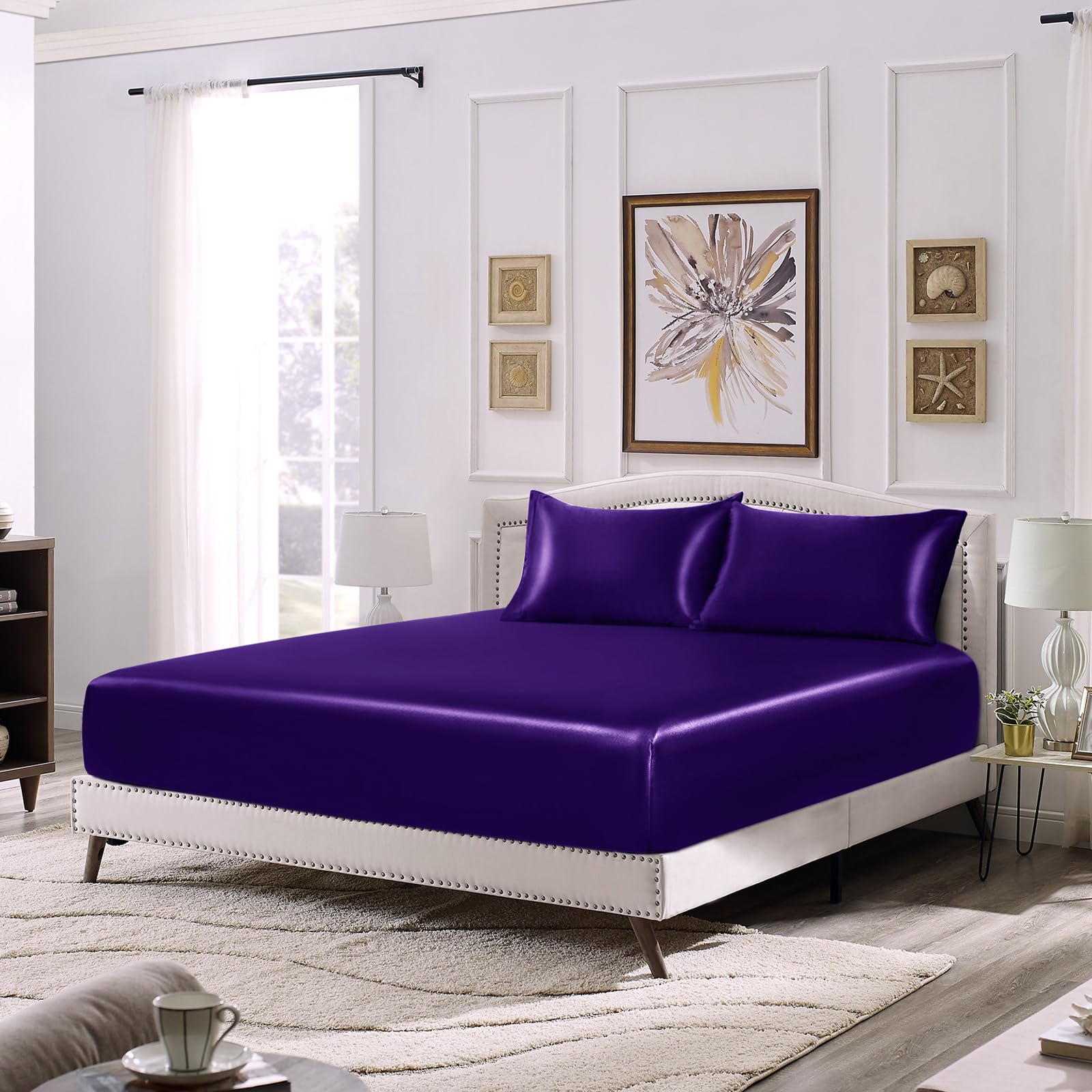 Siinvdabzx 3-Piece Set Satin Full Fitted Sheet & 2 Pillowcase, Purple Silky Soft Fitted Bottom Sheet, Wrinkle Free, Fade Resista
