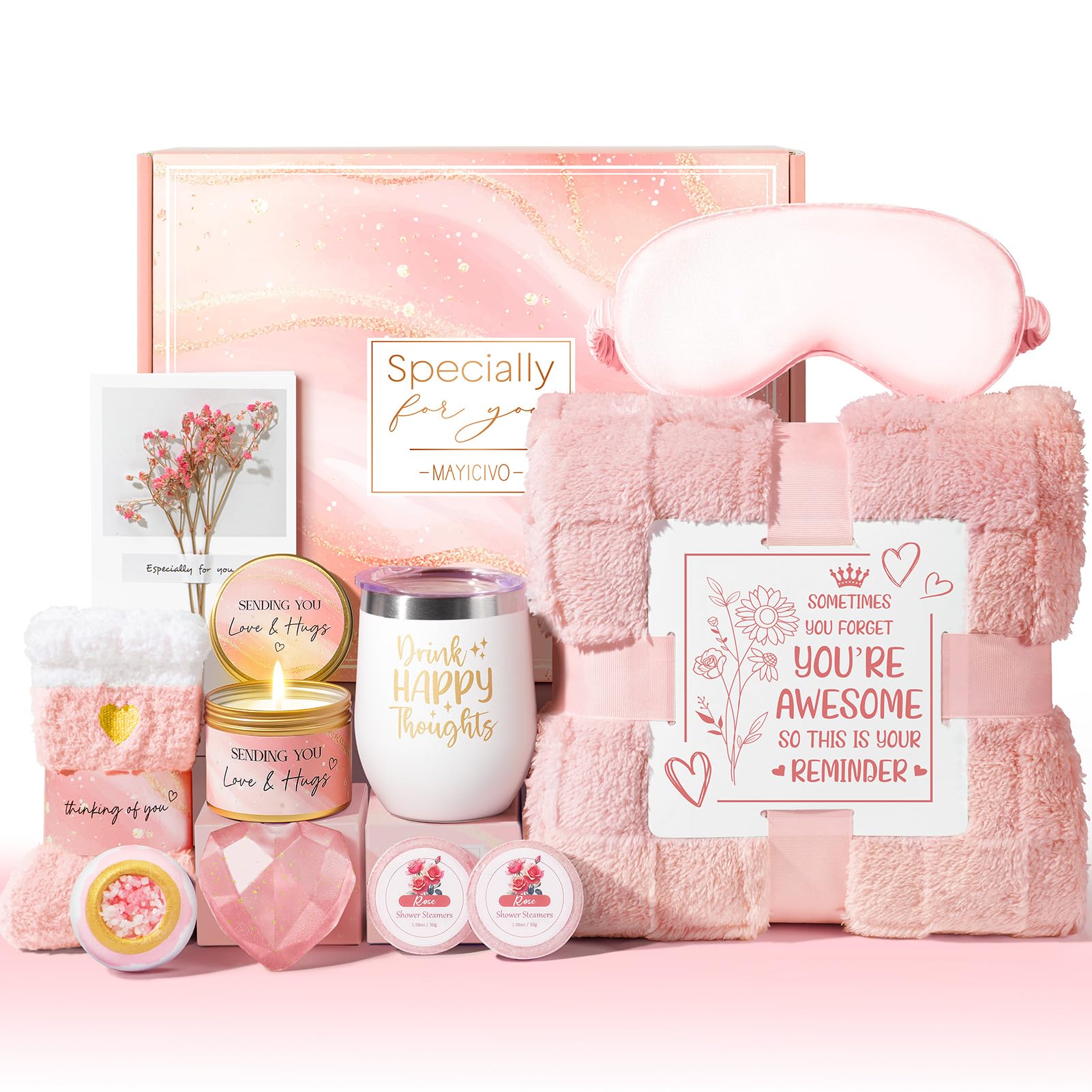 Birthday Gifts For Women, Self Care Gifts Get Well Soon Gifts Basket For Women, Rose Relaxing Spa Gifts Care Package W/ Luxury B