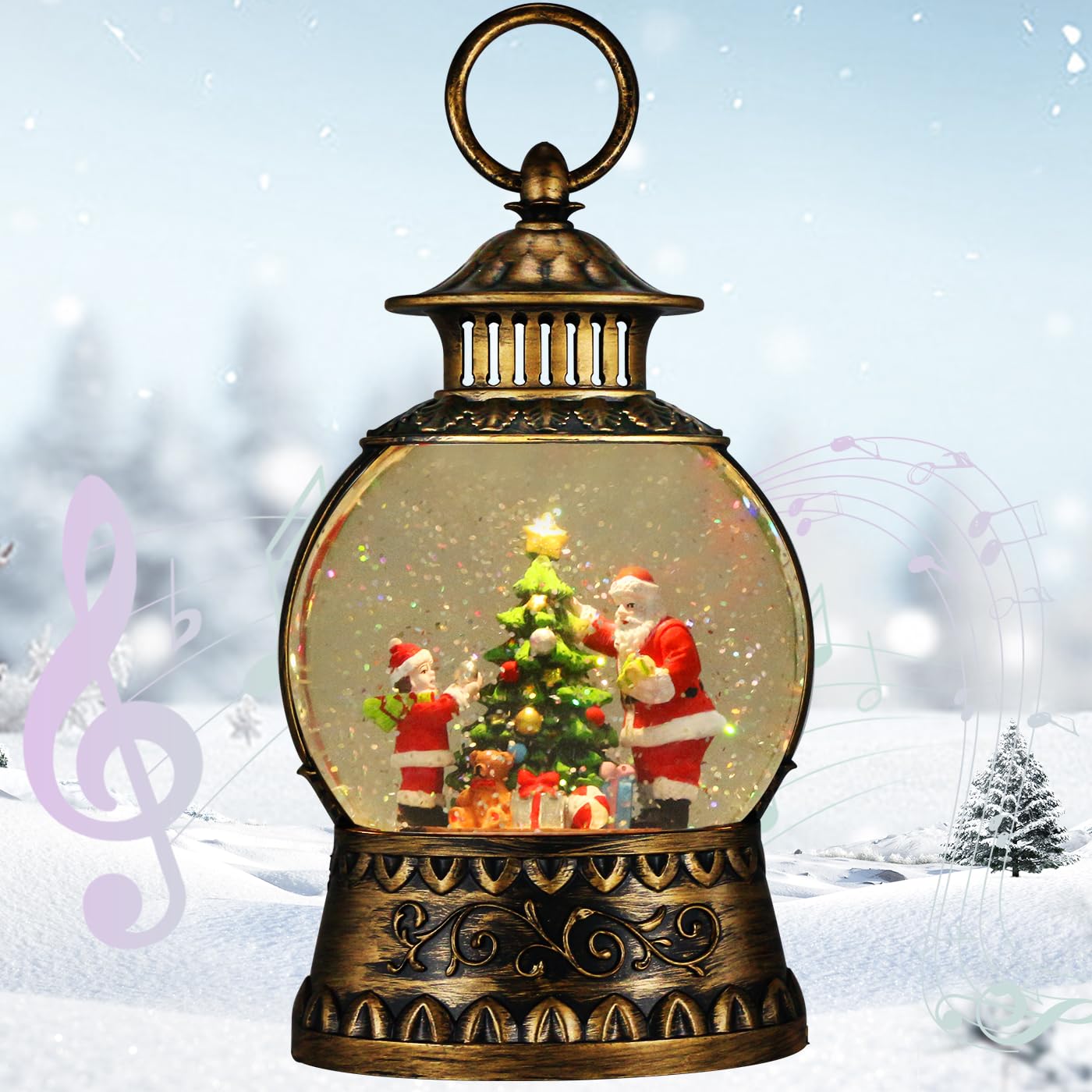 Christmas Santa Snow Globe, Christmas Musical Snow Globe Lantern Lights with 6H Timer Battery & USB Powered, Retro Style Holiday