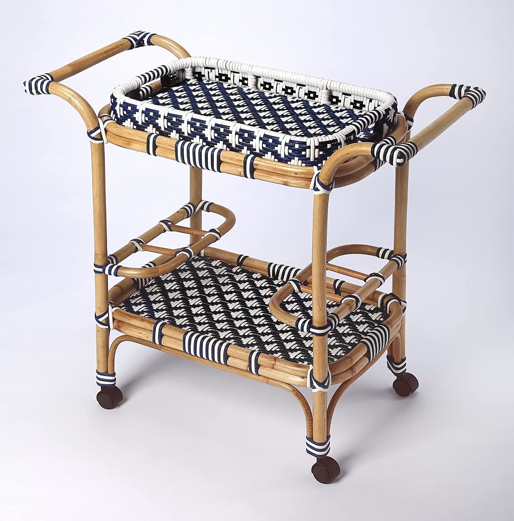 HomeRoots Rattan, PE Plastic Weave, Casters Blue and White Rattan Bar Cart