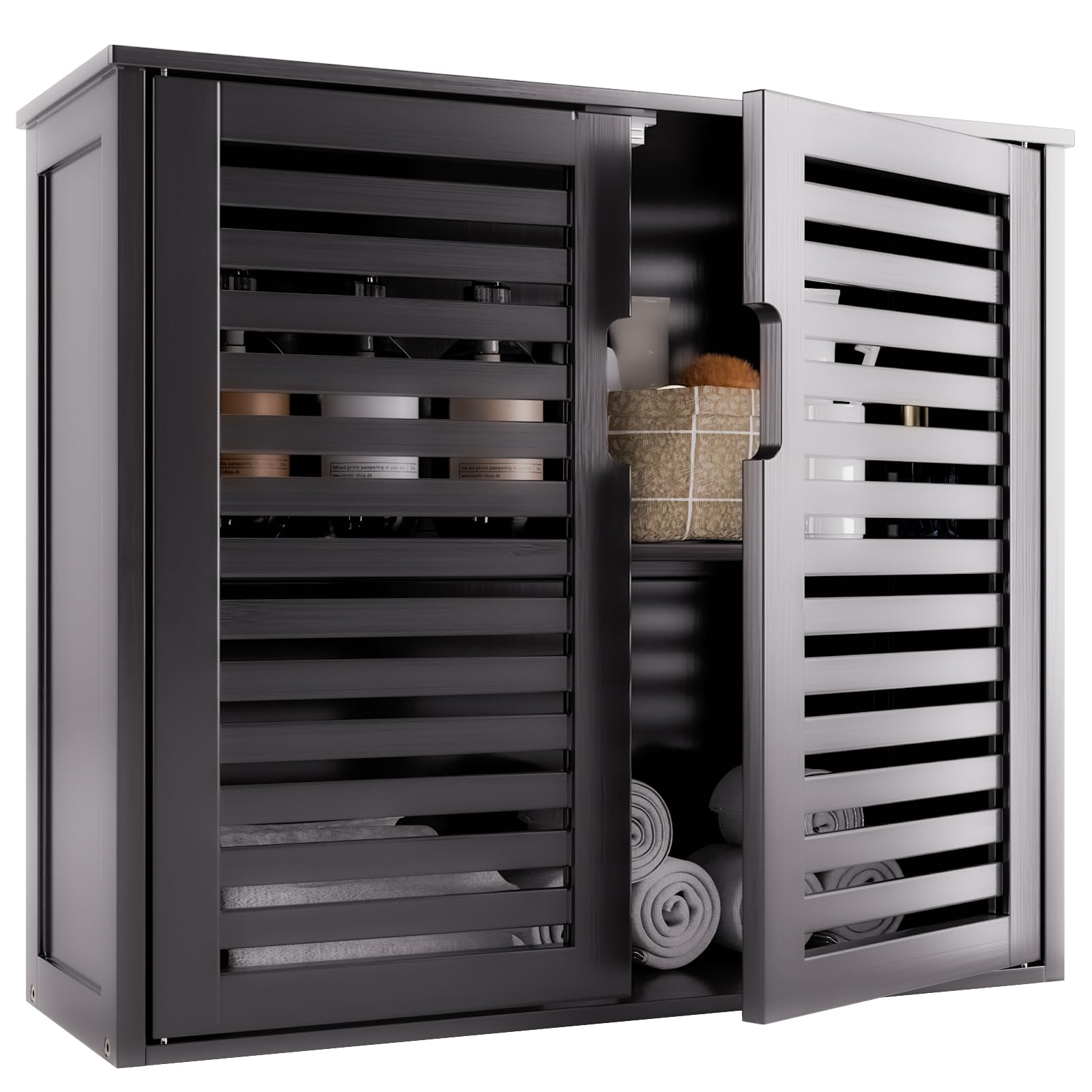 HITNET Black Bathroom Storage Cabinet, Hanging Medicine Cabinet with Adjustable Shelf, Bamboo Over The Toilet Wall Mounted Space
