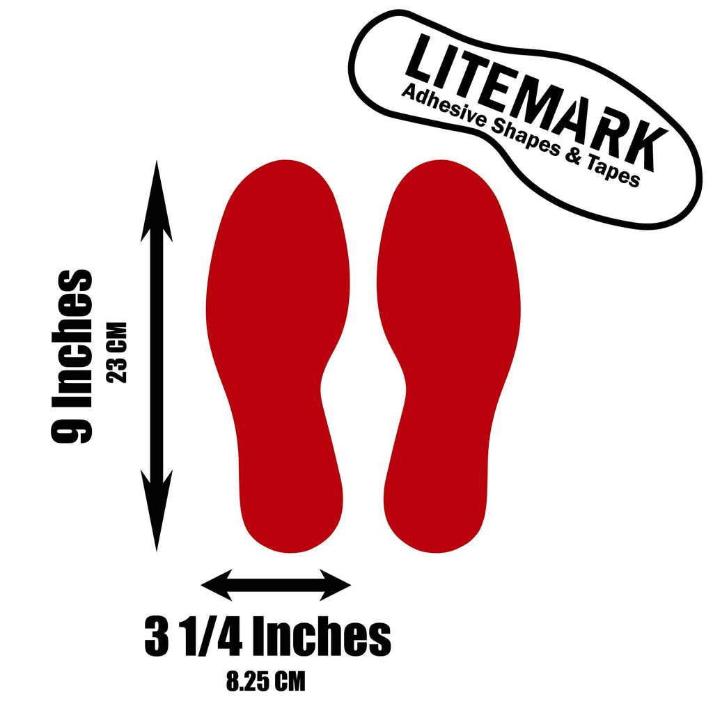 Litemark Durable Gloss Finish Red 9 Inch Medium Size Footprint Decal Vinyl Stickers | Great For Floors, Ceilings, Walls, And Mos