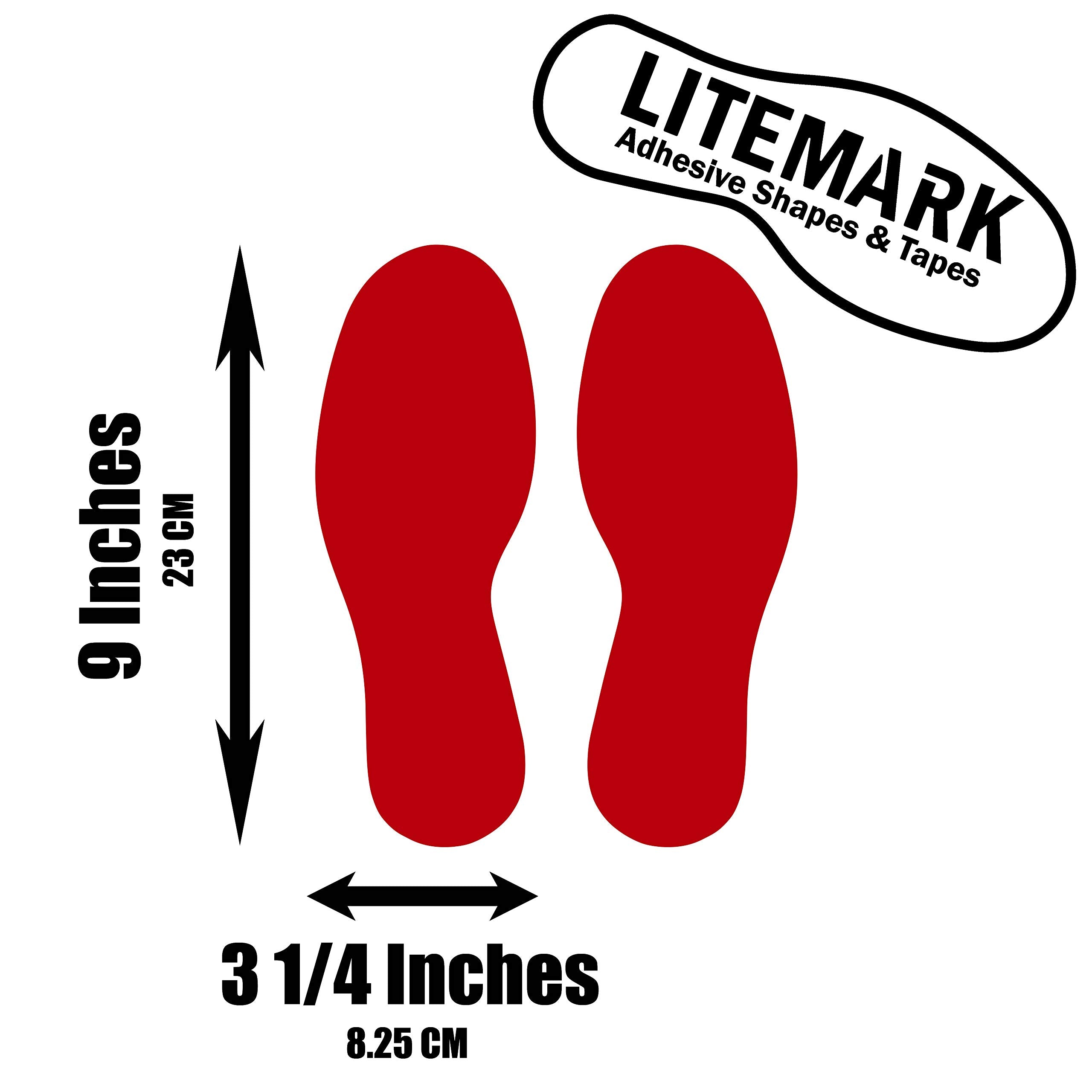 Litemark Durable Gloss Finish Red 9 Inch Medium Size Footprint Decal Vinyl Stickers | Great For Floors, Ceilings, Walls, And Mos