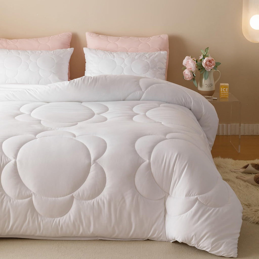 Luxlovery White Boho Comforter Set Full Plain White Sunflower Quilts Farmhouse Floral Bedding Quilted Set Elegant Modern Soft Br