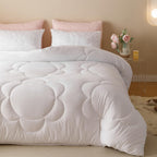 Clothknow White Queen Comforter Set 3Pcs Daisy Puff Bedding Comforter Sets White Boho Queen Comforter Soft Floral Queen Size Comforter Sets