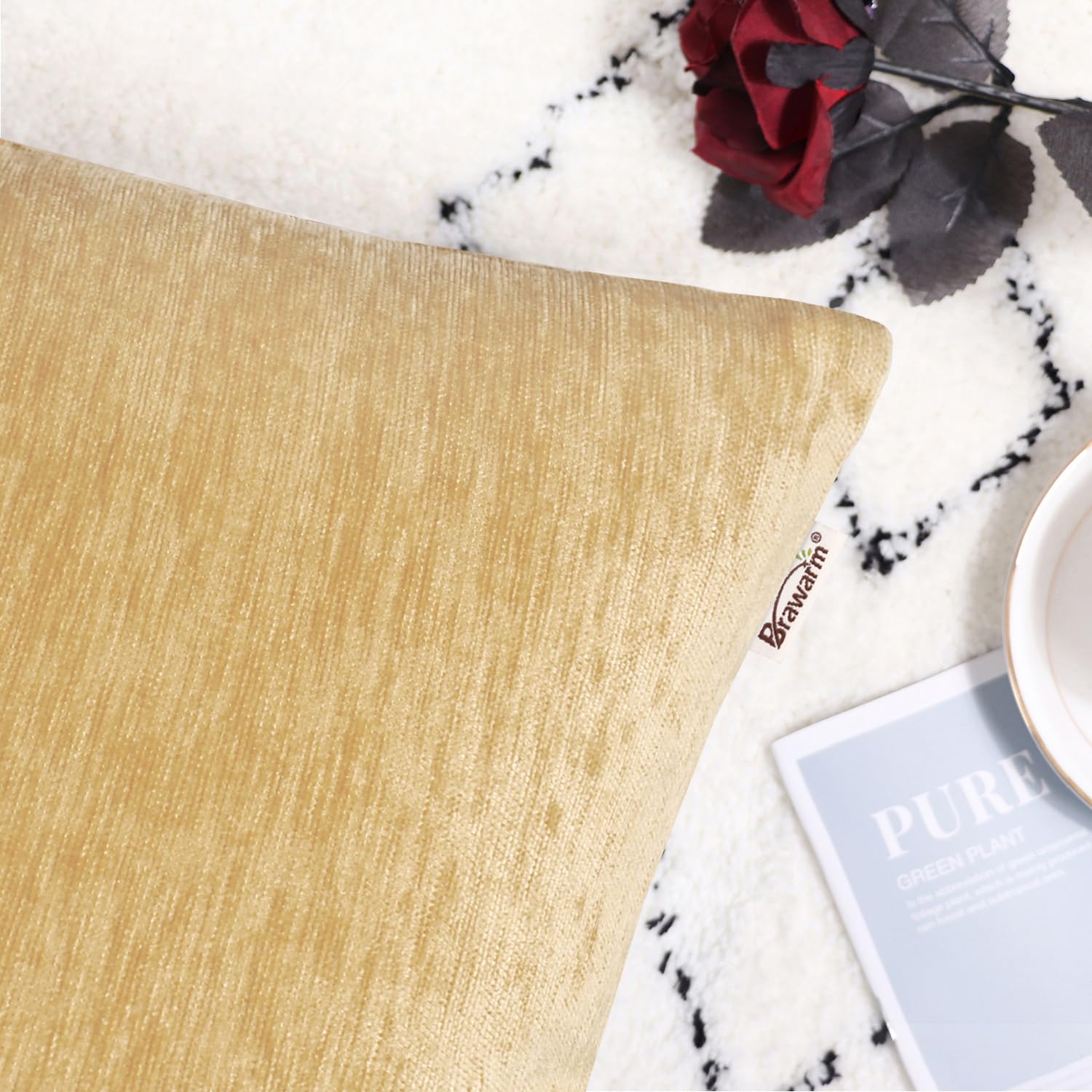 Brawarm Chenille Throw Pillow Covers 22X22 Inches - Gold Chenille Pillow Covers Pack Of 2, Solid Dyed Soft Chenille Pillow Cases