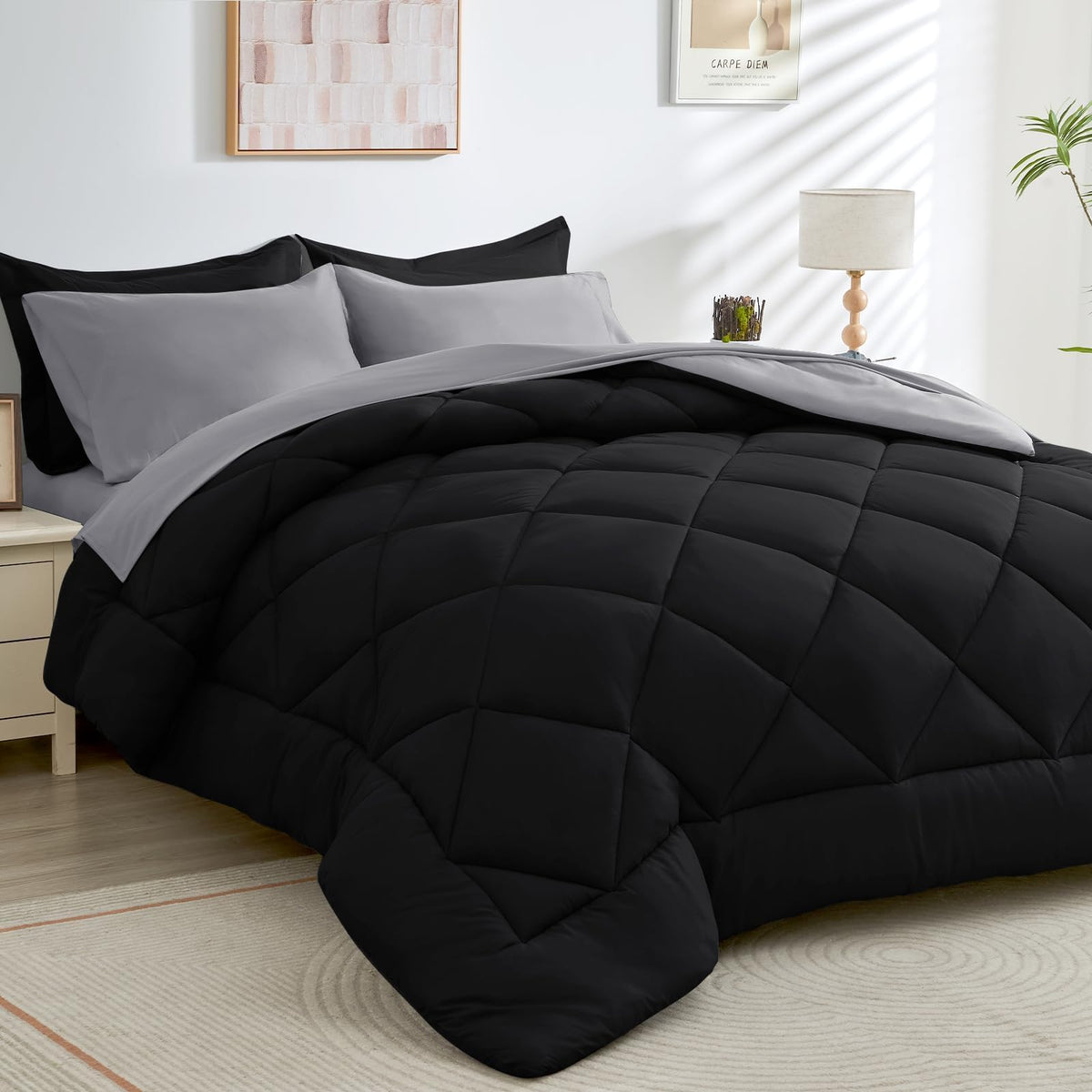 7 Pieces Queen Comforter Set, All Season Reversible Bed In A Bag Queen, Ultra Soft Queen Bedding Set With Grey Comforter, Flat S