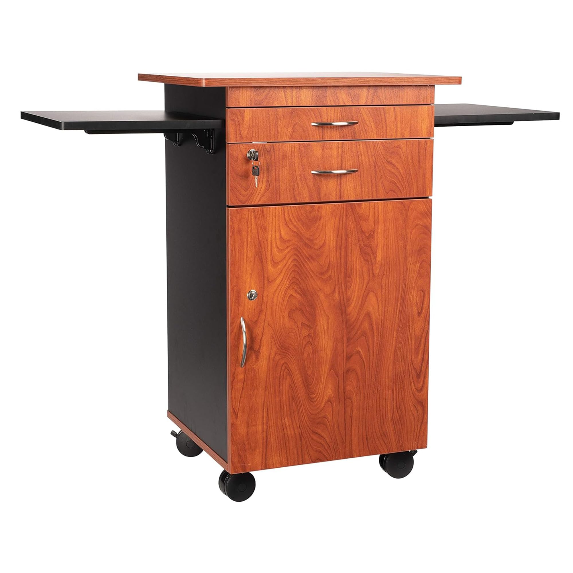 Oklahoma Sound Rolling Portable Multimedia Presentation Cart Stand with Wheels, Dual Flip-Up Side Shelves, Lockable Storage, Cherry/Black