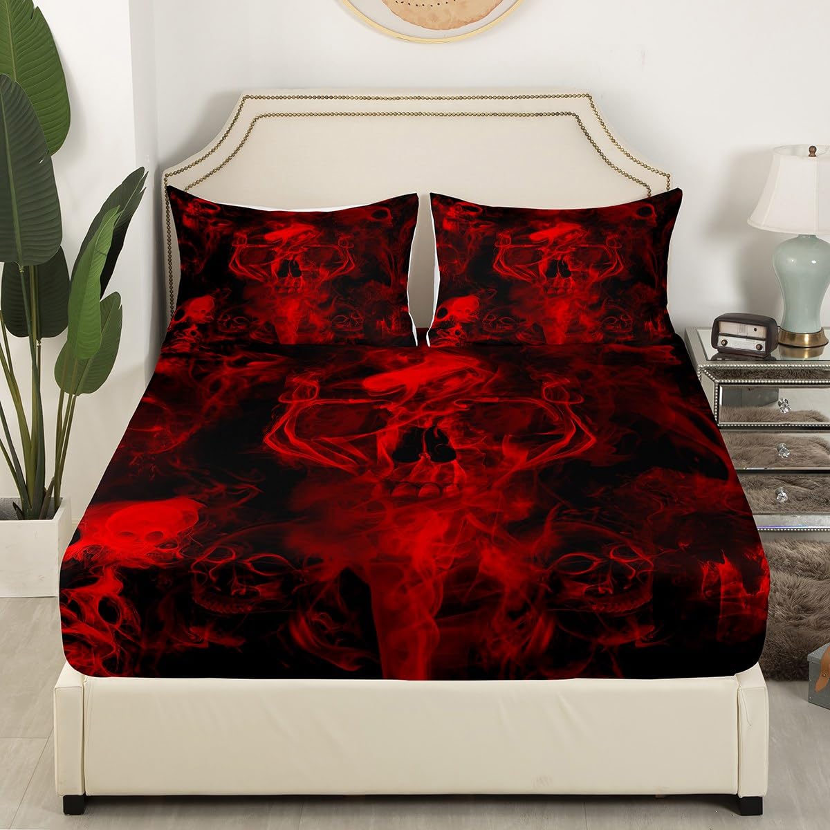Gothic Skull Bed Sheets Red And Black Skeleton Sheet Set Full For Boys Teens Men Women,Psychedelic Goth Skull Bedding Set Trippy