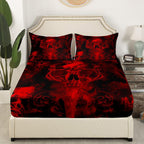 Gothic Skull Bed Sheets Red And Black Skeleton Sheet Set Queen For Boys Teens Men Women,Psychedelic Goth Skull Bedding Set Tripp