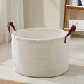 Organizix XLarge Round Cotton Rope Storage Basket Bin Organizer Laundry Hamper with Leather Handles, 21 x 21 x 14, Extra Large B