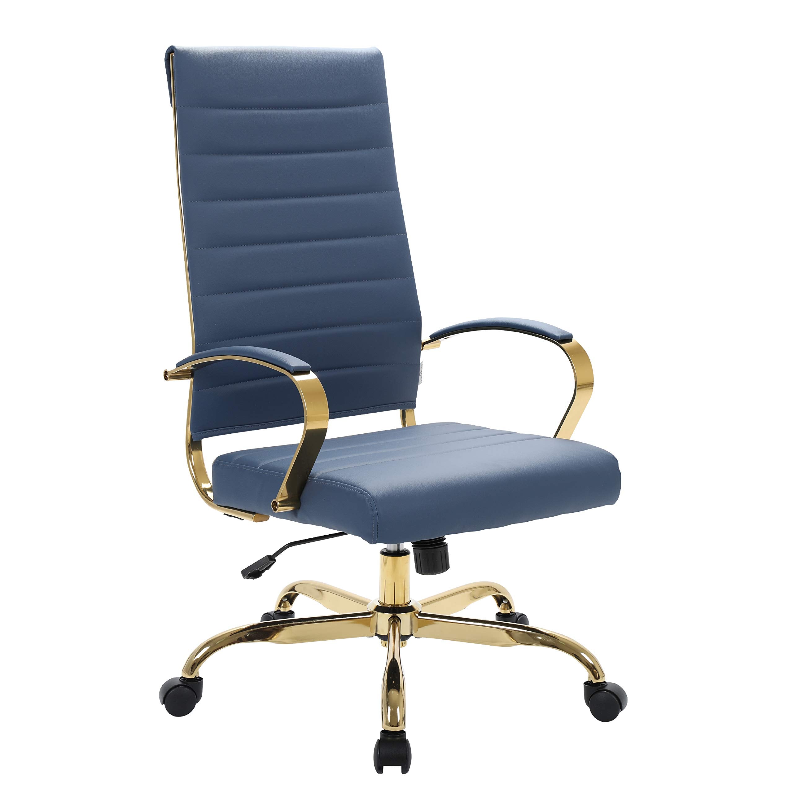 LeisureMod Benmar High-Back Blue Leather Office Desk Chair Ergonomic Executive Chair with Adjustable Swivel, Gold Frame with Cus