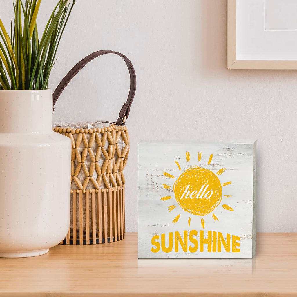 Farmhouse Hello Sunshine Wood Box Sign Home Decor Rustic Spring Wooden Box Sign Block Plaque For Wall Tabletop Desk Home Decorat