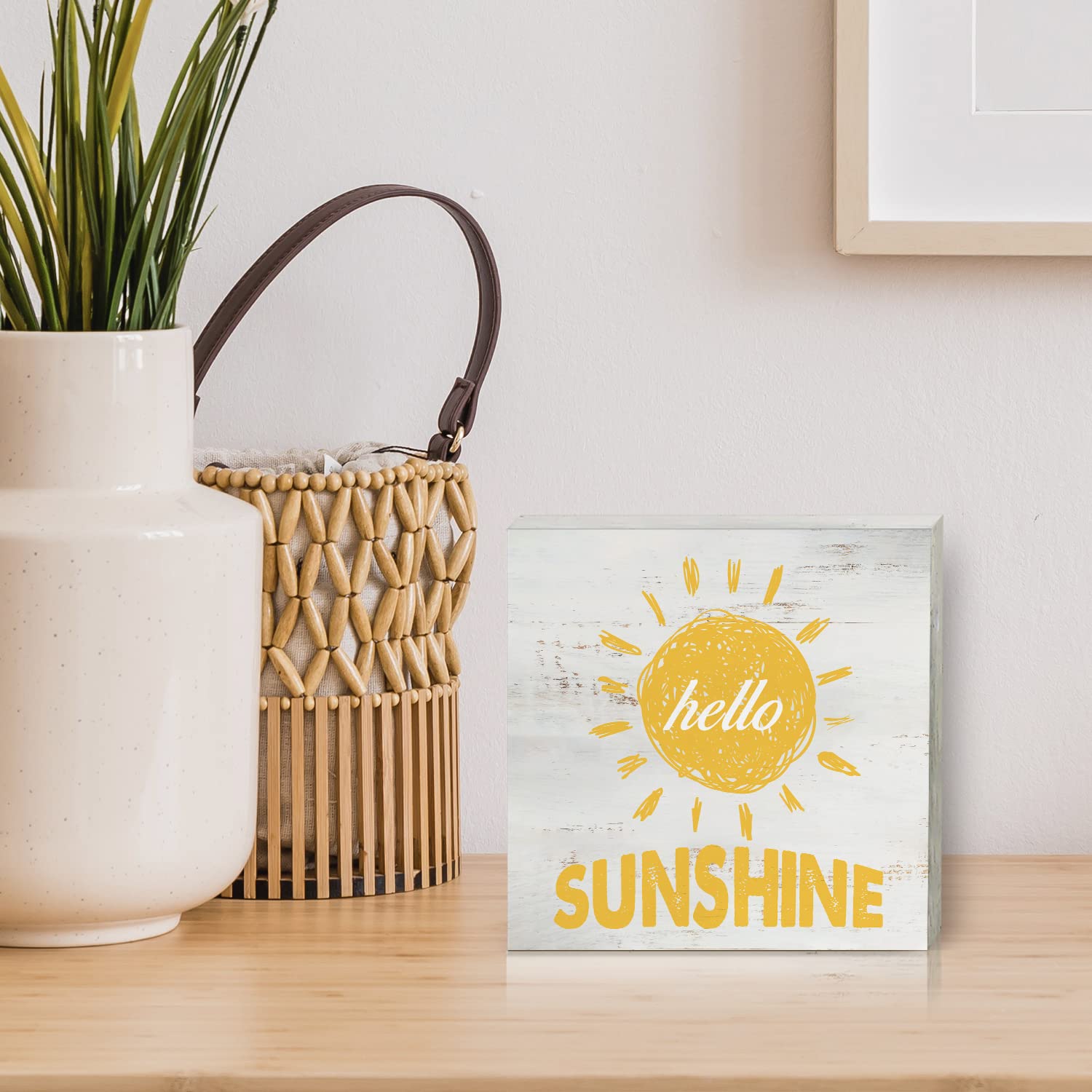 Farmhouse Hello Sunshine Wood Box Sign Home Decor Rustic Spring Wooden Box Sign Block Plaque For Wall Tabletop Desk Home Decorat