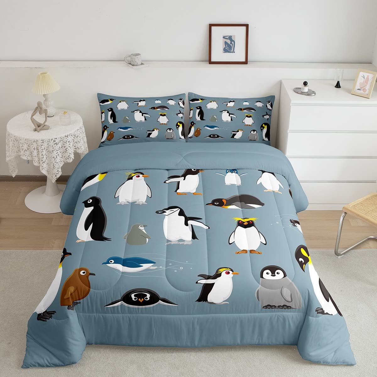 Erosebridal Penguins Bedding Set For Boys Young,Antarctica Animals Wildlife Comforter Set For Kids Man,Cartoon Little Penguins Q