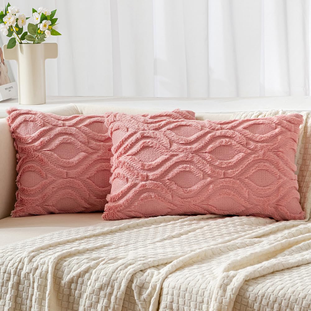 Miulee Coral Red Throw Pillow Covers 12X20 Inch, Soft Winter Plush Faux Wool Couch Pillow Covers Set Of 2 Decorative Farmhouse Boho Throw Pillows For Sofa Living Room Bed