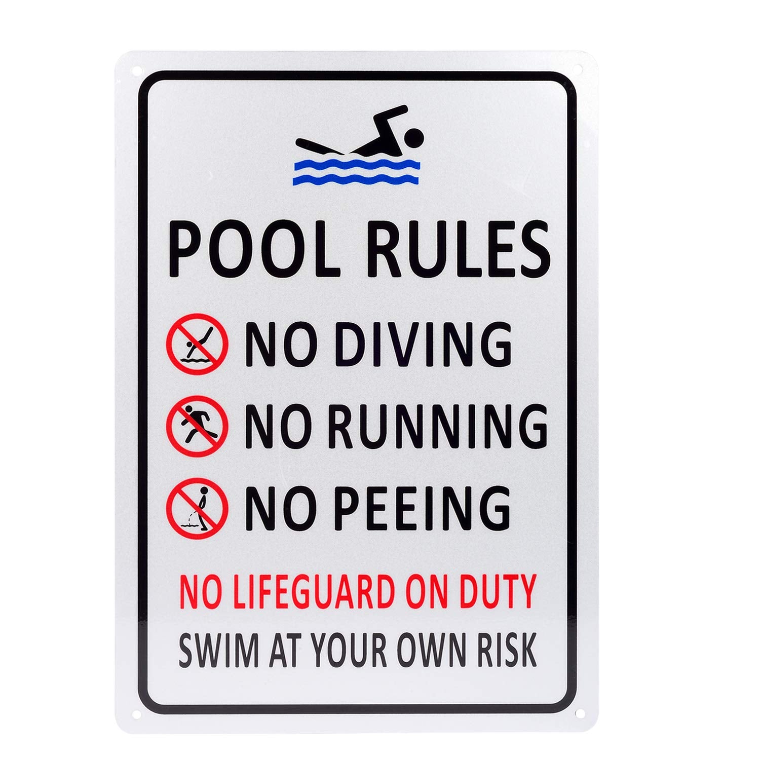 Kichwit Pool Rules Sign For Outdoor, Backyard Metal Swimming Pool Sign, No Diving No Running No Peeing No Lifeguard On Duty Sign
