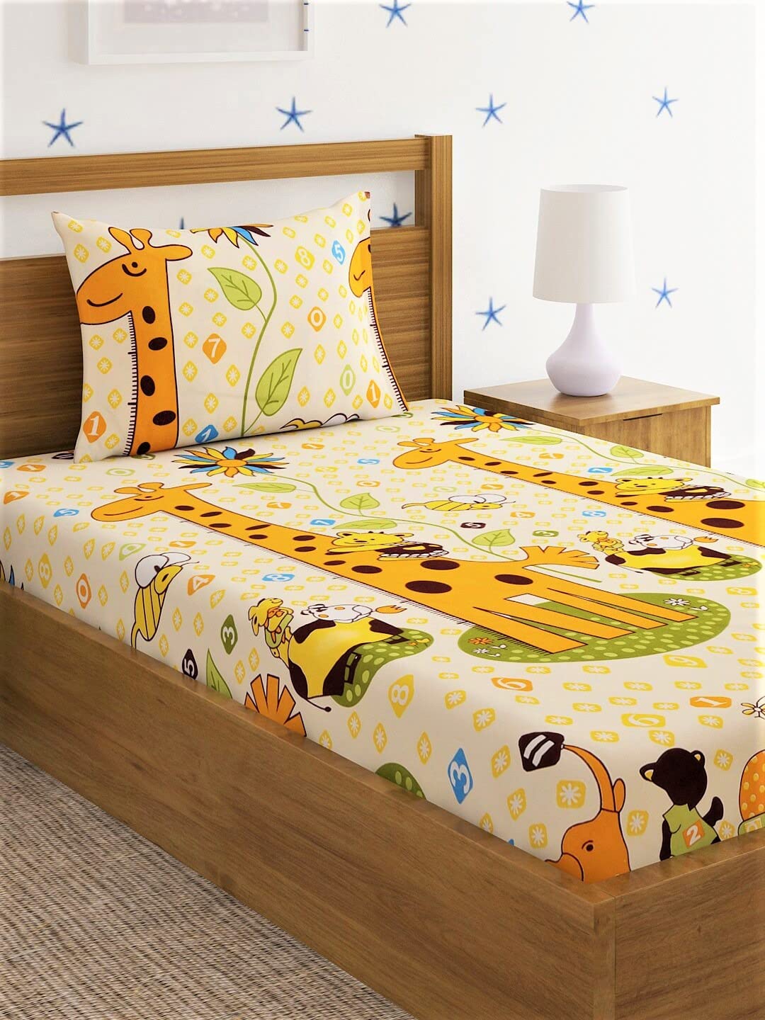 Home Sizzler 144 Tc Microfibre KidS Giraffe Single Bedsheet With 1 Pillow Cover, Yellow