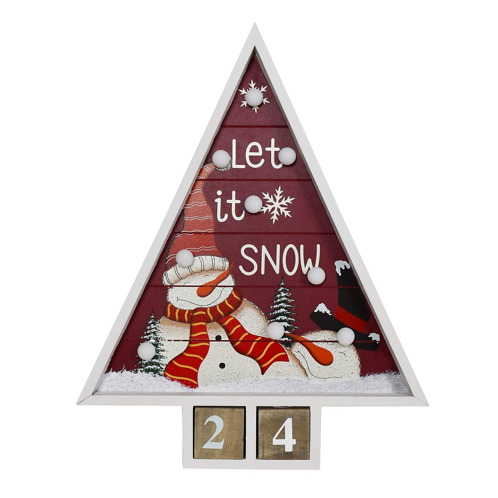 Wooden Advent Countdown Calendar with Lights and 2 Blocks - Days Until Christmas Countdown - Wood Snowman Santa Christmas Tree T