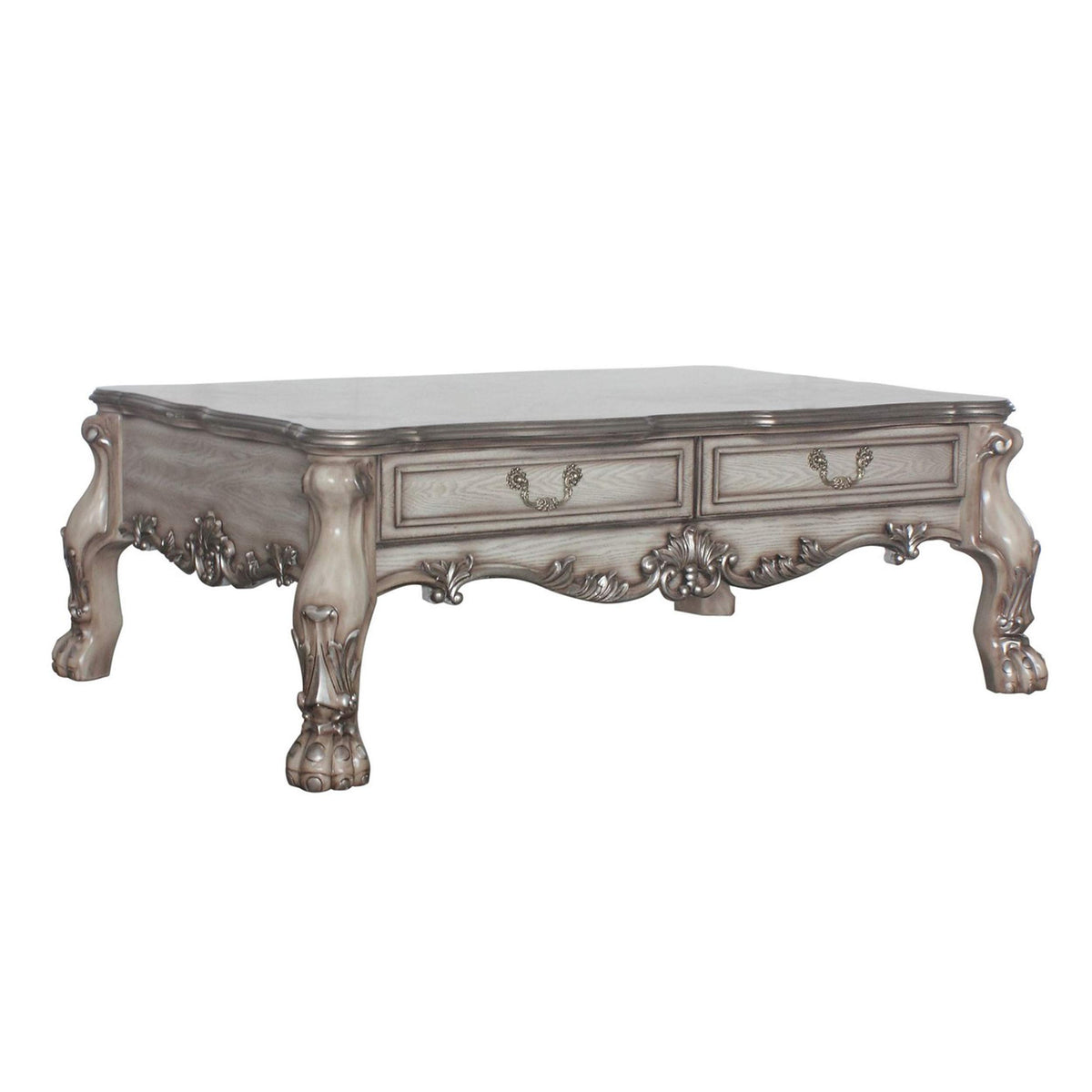 Benjara 2 Drawers Wooden Coffee Table With Oversized Claw Legs, Silver