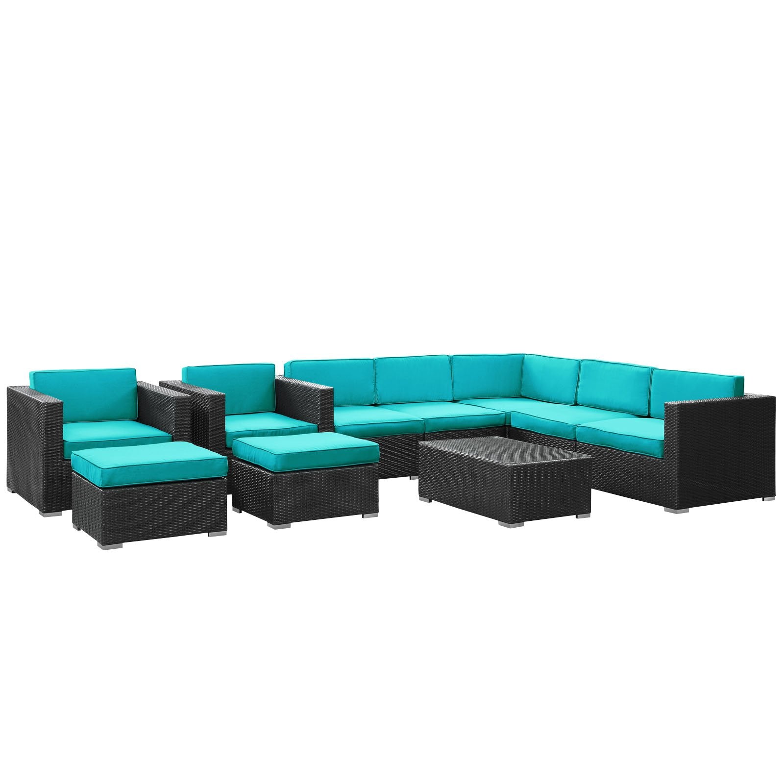 Modway Avia 10-Piece Outdoor Wicker Patio Sectional Espresso Sofa Set With Turquoise Cushions