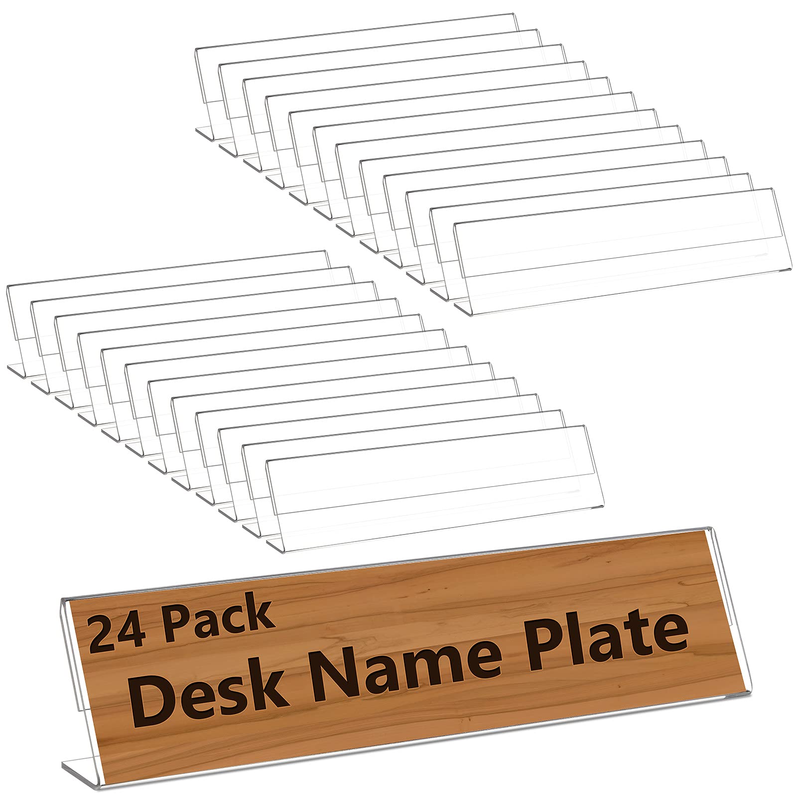 24 Pieces Acrylic Name Plates For Desks, 2 X 8 Inches Clear Slant Back Sign Holder Stand For Table Display, License Name Label H