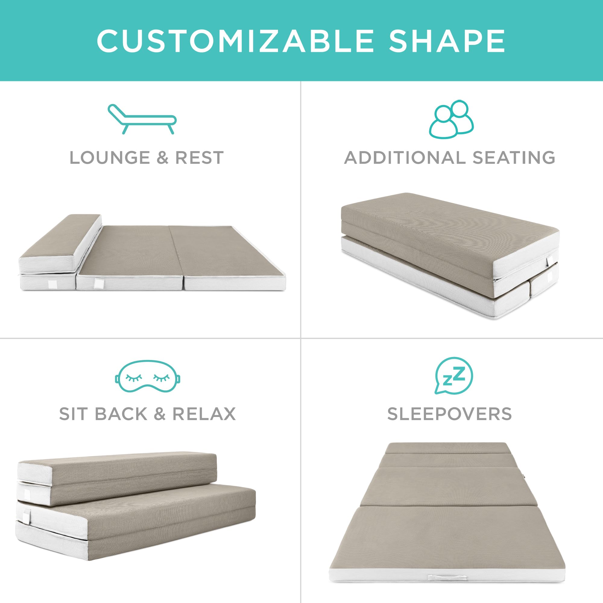 Best Choice Products 4In Portable Full-Size Mattress, Folding Mattress Topper For Camping, Guest, Toddler, Foam Plush W/Carry Case - Taupe